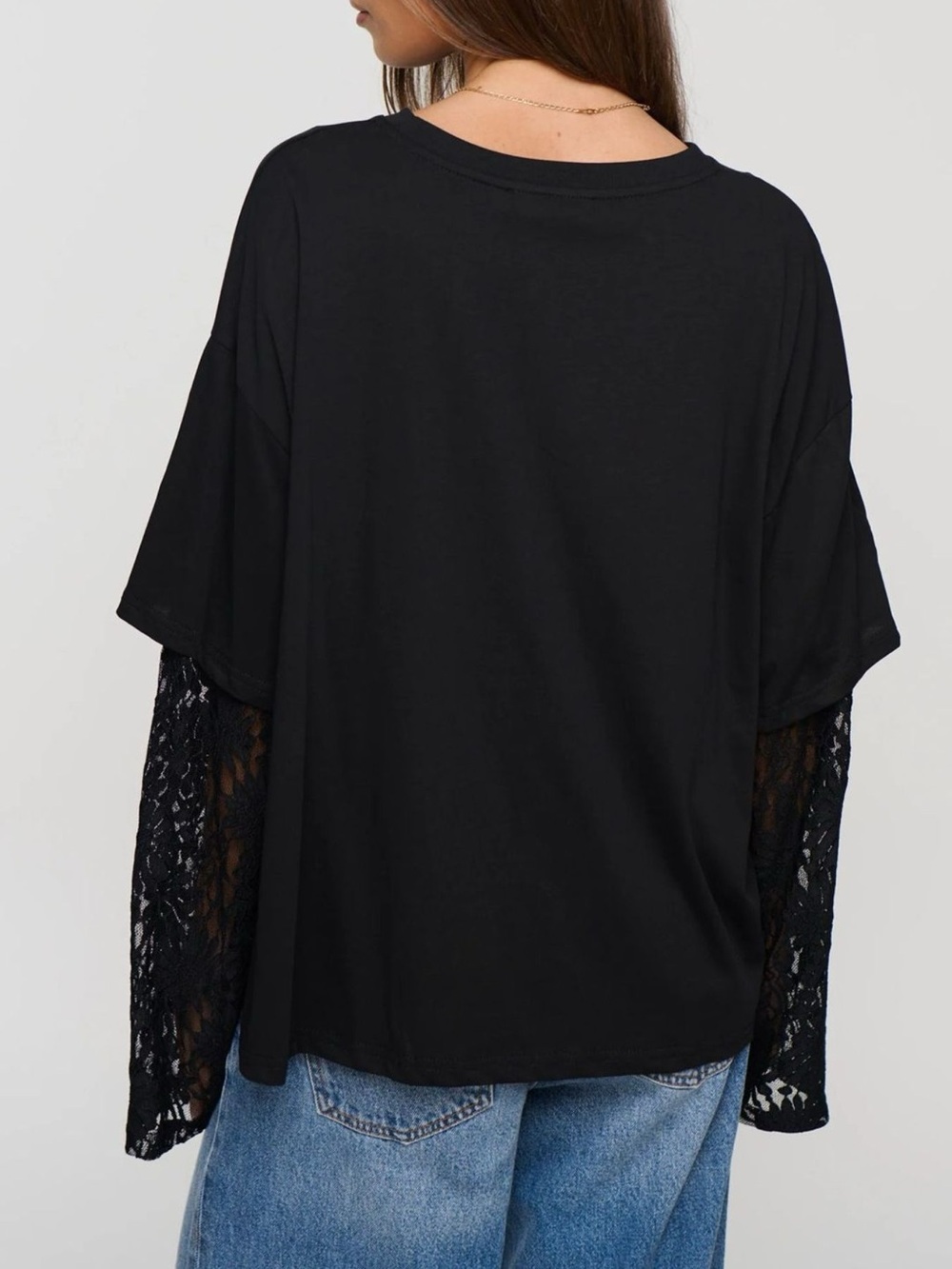 Layered Lace-Sleeve T-Shirt - Picture 11 of 12